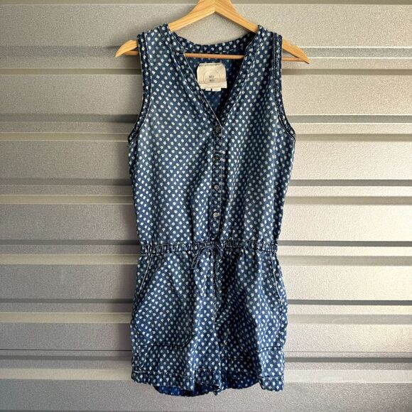 Anthropologie Hei Hei Romper Womens Size 4 Polka Dot Linen Pockets Chambray Boho - Picture 1 of 13